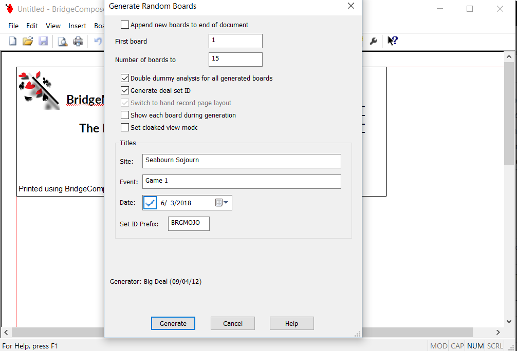 A screen shot of the "generate" dialog from Bridge Composer.